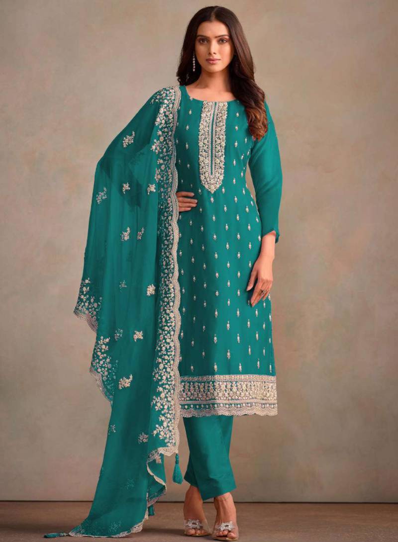 Turquoise organza embroidery work designer salwar suit