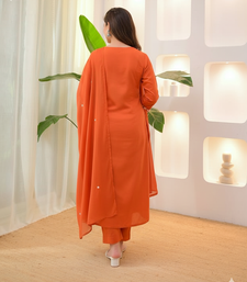 Womens orange rayon straight kurta set hand embroidered festival wear