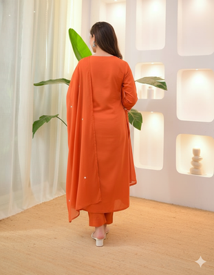 Womens orange rayon straight kurta set hand embroidered festival wear 3