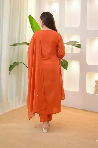 Womens orange rayon straight kurta set hand embroidered festival wear