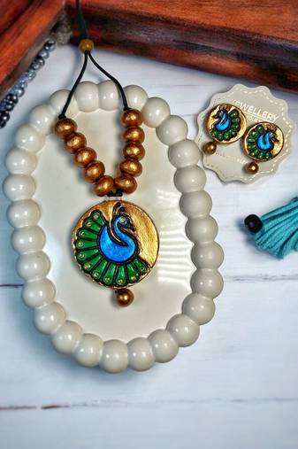 collection + terracotta + royal peacock charm necklace handmade jewellery
