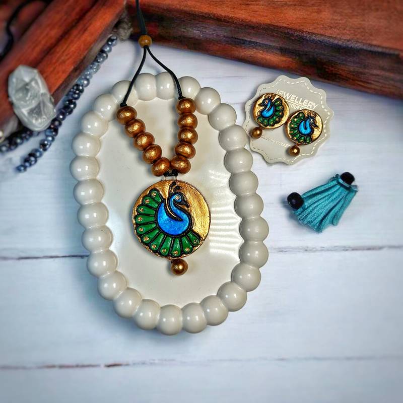 collection + terracotta + royal peacock charm necklace handmade jewellery