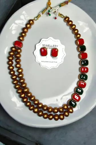 terracotta royal pattern necklace and earring handmade jewelry set