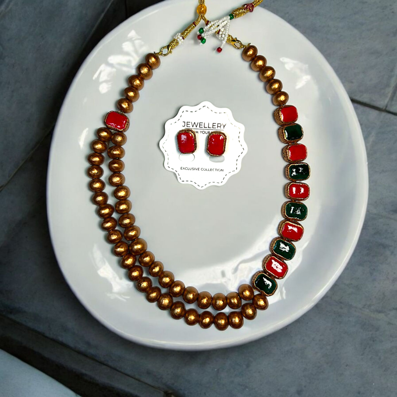 terracotta royal pattern necklace and earring handmade jewelry set