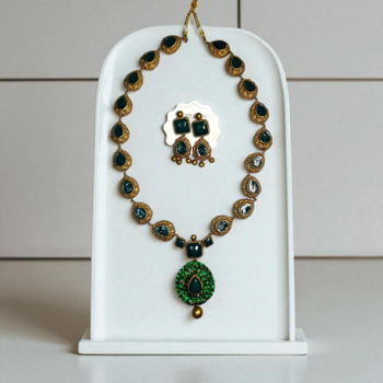 terracotta jewelry ethnic green gemstone necklace and earring set 1