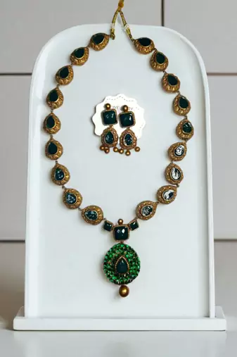 terracotta jewelry ethnic green gemstone necklace and earring set