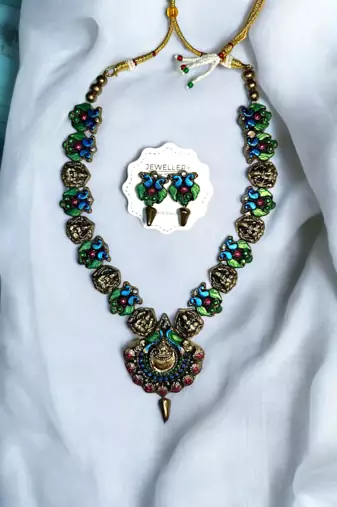 artisan peacock charm necklace and earring handmade jewelry