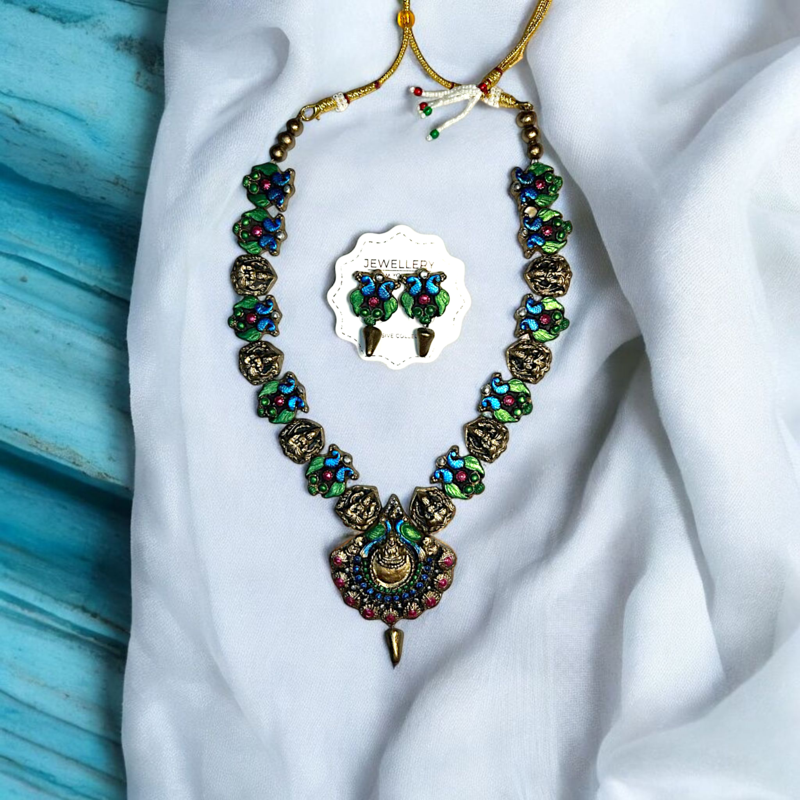 artisan peacock charm necklace and earring handmade jewelry