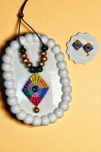handmade kite necklace and earring terracotta geometry jewelry set