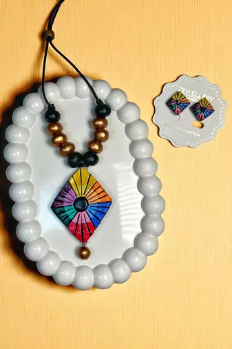 handmade kite necklace and earring terracotta geometry jewelry set