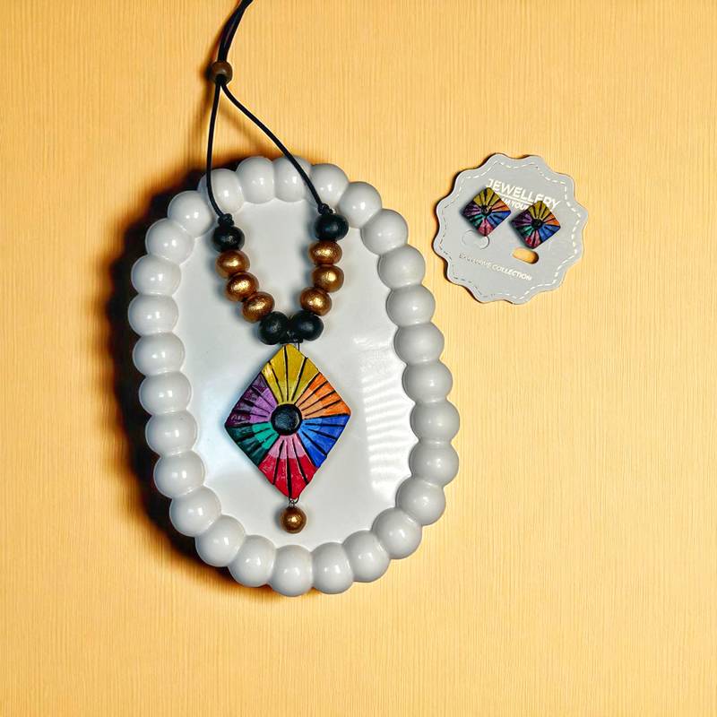 handmade kite necklace and earring terracotta geometry jewelry set
