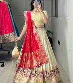 Rani Color Zari Weaving Work With Flower Work On Boarder Paithani Silk Lehenga Choli With Unstitched Blouse