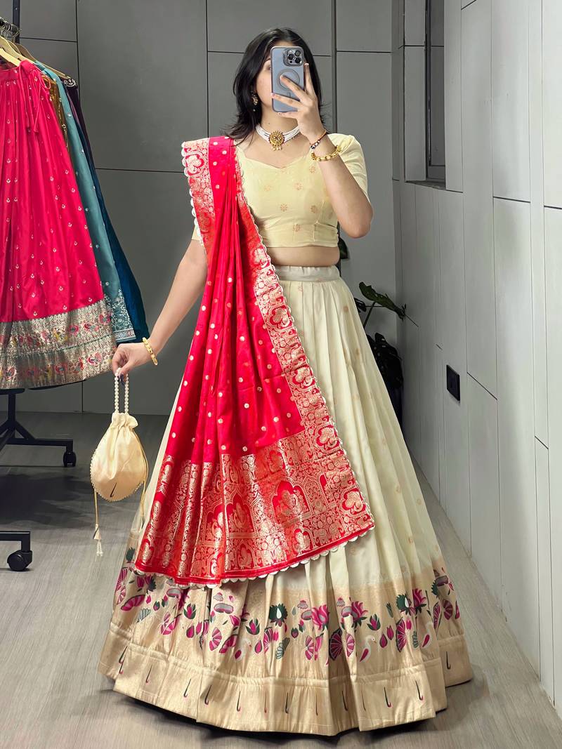 Rani Color Zari Weaving Work With Flower Work On Boarder Paithani Silk Lehenga Choli With Unstitched Blouse