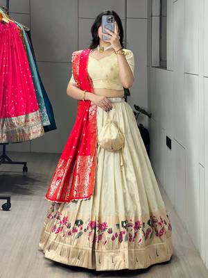 Rani Color Zari Weaving Work With Flower Work On Boarder Paithani Silk Lehenga Choli With Unstitched Blouse 2