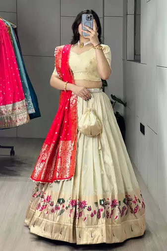 Rani Color Zari Weaving Work With Flower Work On Boarder Paithani Silk Lehenga Choli With Unstitched Blouse