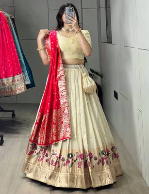 Rani Color Zari Weaving Work With Flower Work On Boarder Paithani Silk Lehenga Choli With Unstitched Blouse 3