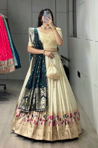 Firozi Color Zari Weaving Work With Flower Work On Boarder Paithani Silk Lehenga Choli With Unstitched Blouse