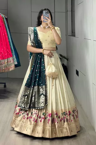 Firozi Color Zari Weaving Work With Flower Work On Boarder Paithani Silk Lehenga Choli With Unstitched Blouse