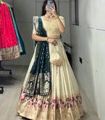 Firozi Color Zari Weaving Work With Flower Work On Boarder Paithani Silk Lehenga Choli With Unstitched Blouse