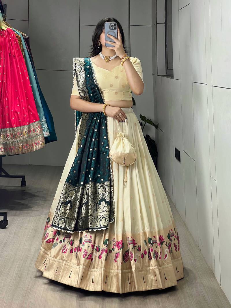 Firozi Color Zari Weaving Work With Flower Work On Boarder Paithani Silk Lehenga Choli With Unstitched Blouse