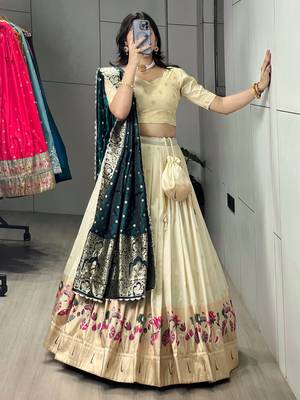 Firozi Color Zari Weaving Work With Flower Work On Boarder Paithani Silk Lehenga Choli With Unstitched Blouse 2