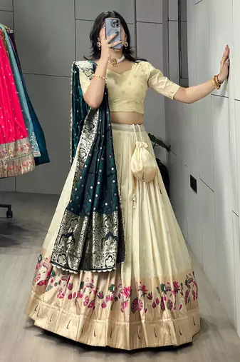 Firozi Color Zari Weaving Work With Flower Work On Boarder Paithani Silk Lehenga Choli With Unstitched Blouse