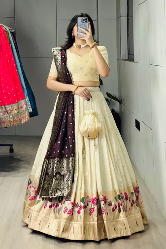 Wine Color Zari Weaving Work With Flower Work On Boarder Paithani Silk Lehenga Choli With Unstitched Blouse