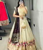 Wine Color Zari Weaving Work With Flower Work On Boarder Paithani Silk Lehenga Choli With Unstitched Blouse