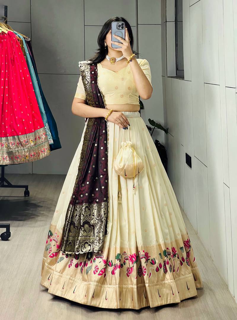 Wine Color Zari Weaving Work With Flower Work On Boarder Paithani Silk Lehenga Choli With Unstitched Blouse