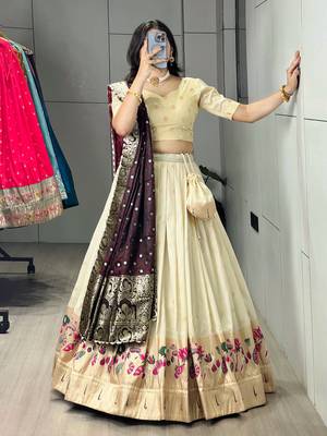 Wine Color Zari Weaving Work With Flower Work On Boarder Paithani Silk Lehenga Choli With Unstitched Blouse 2