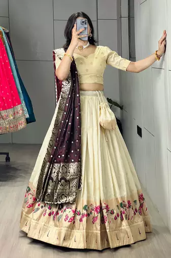 Wine Color Zari Weaving Work With Flower Work On Boarder Paithani Silk Lehenga Choli With Unstitched Blouse