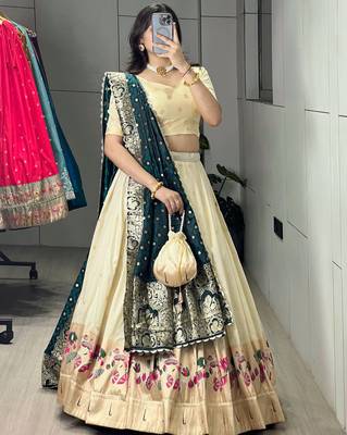 Firozi Color Zari Weaving Work With Flower Work On Boarder Paithani Silk Lehenga Choli With Unstitched Blouse 3