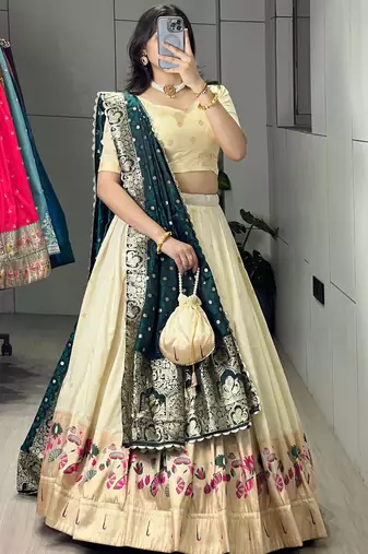 Firozi Color Zari Weaving Work With Flower Work On Boarder Paithani Silk Lehenga Choli With Unstitched Blouse