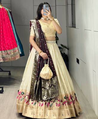 Wine Color Zari Weaving Work With Flower Work On Boarder Paithani Silk Lehenga Choli With Unstitched Blouse 3