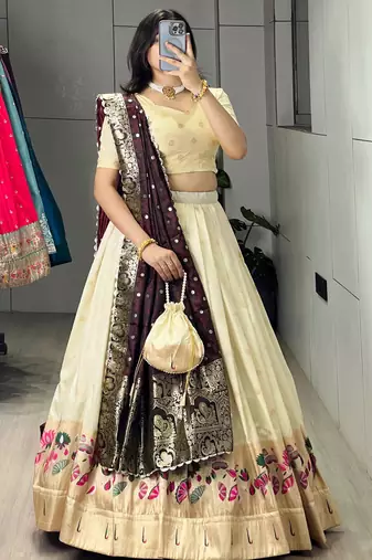 Wine Color Zari Weaving Work With Flower Work On Boarder Paithani Silk Lehenga Choli With Unstitched Blouse