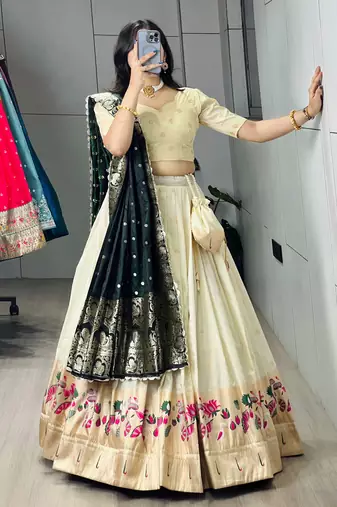 Green Color Zari Weaving Work With Flower Work On Boarder Paithani Silk Lehenga Choli With Unstitched Blouse