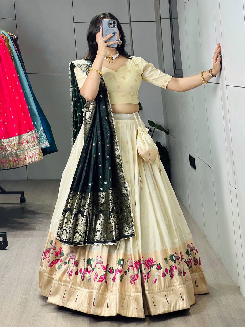 Green Color Zari Weaving Work With Flower Work On Boarder Paithani Silk Lehenga Choli With Unstitched Blouse