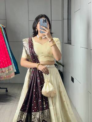 Wine Color Zari Weaving Work With Flower Work On Boarder Paithani Silk Lehenga Choli With Unstitched Blouse 4