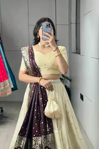 Wine Color Zari Weaving Work With Flower Work On Boarder Paithani Silk Lehenga Choli With Unstitched Blouse