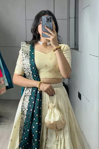 Firozi Color Zari Weaving Work With Flower Work On Boarder Paithani Silk Lehenga Choli With Unstitched Blouse