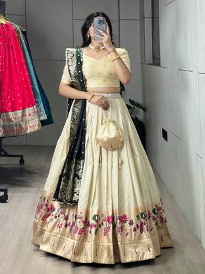 Green Color Zari Weaving Work With Flower Work On Boarder Paithani Silk Lehenga Choli With Unstitched Blouse 3