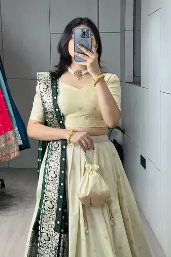 Green Color Zari Weaving Work With Flower Work On Boarder Paithani Silk Lehenga Choli With Unstitched Blouse