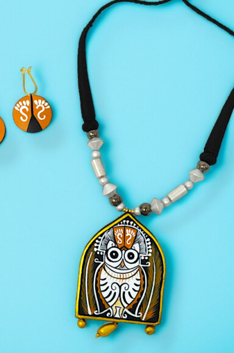 terracotta traditional clay owl good luck charm necklace set