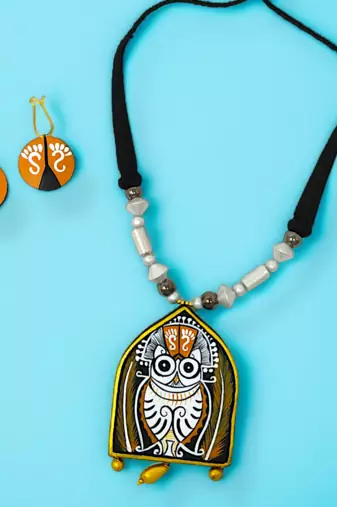 terracotta traditional clay owl good luck charm necklace set