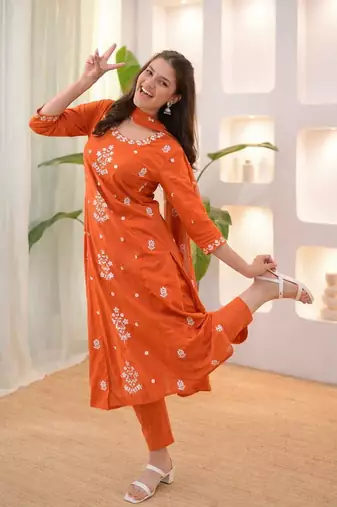 Womens orange rayon straight kurta set hand embroidered festival wear