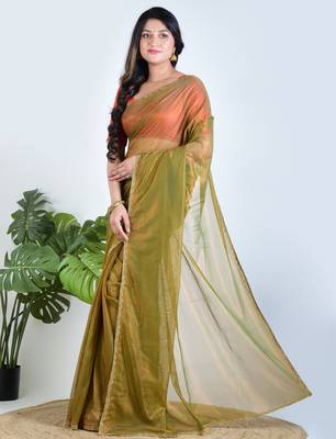 Green plain tissue unstitched blouse piece saree 1