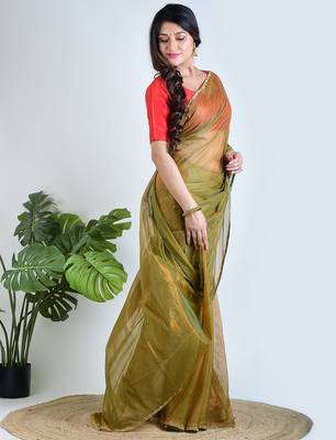 Green plain tissue unstitched blouse piece saree 2