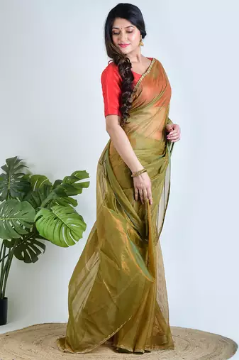 Green plain tissue unstitched blouse piece saree