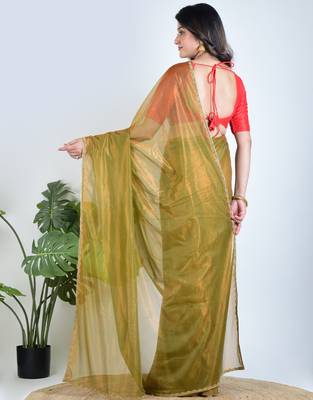 Green plain tissue unstitched blouse piece saree 3