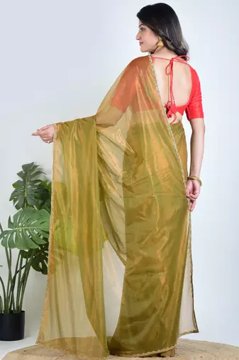 Green plain tissue unstitched blouse piece saree